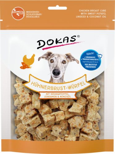 Dokas - Fagyasztva szárított - Csirkemell kockák - Édesburgonyával, lenmaggal és kókuszolajjal - 150g